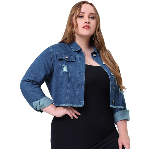 Agnes Orinda Women's Plus Size Washed Ripped Distressed Cropped Frayed Denim  Jacket Dark Blue 4x : Target
