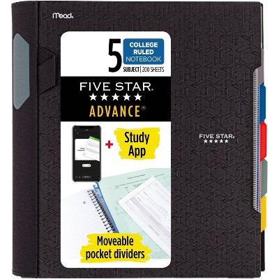 Five Star 200 Sheets 5 Subject College Ruled Spiral Notebook with Pocket Dividers Black: Lined Paper, 3 Hole Punched