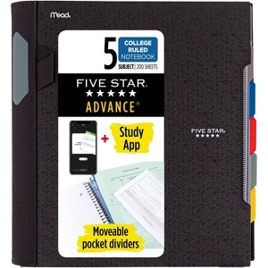 Five Star 200 Sheets 5 Subject College Ruled Spiral Notebook with Pocket Dividers Black: Lined Paper, 3 Hole Punched - 1 of 4