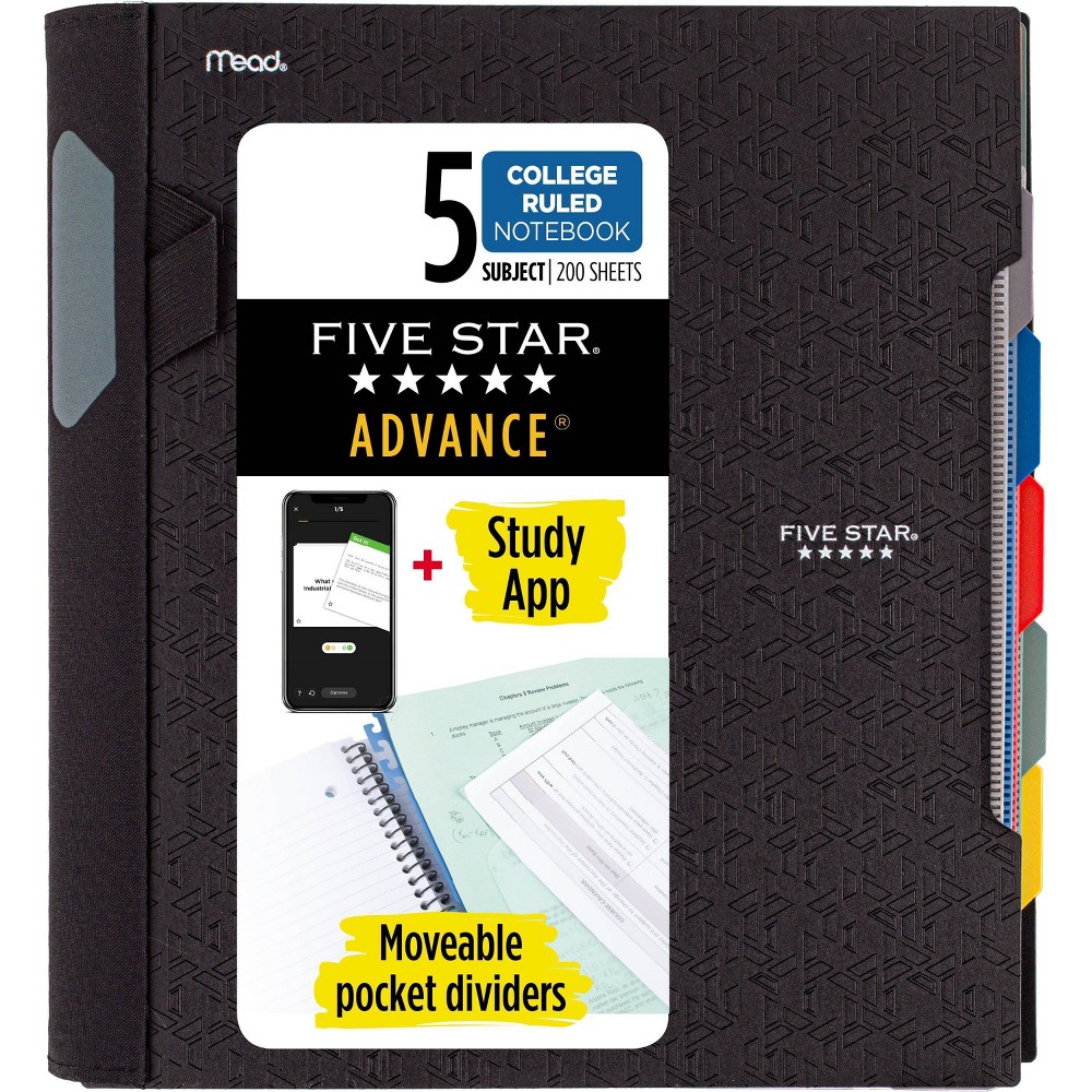 Five Star 200 Sheets 5 Subject College Ruled Spiral Notebook with Pocket Dividers Black