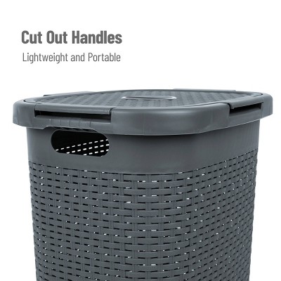 Gray Plastic Wicker Laundry Hamper with Lid and Wheels