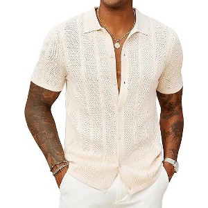COOFANDY Mens Knit Button Down Shirts Casual Textured Polo Shirt Short Sleeve Vintage Summer Beach Tops - 1 of 4