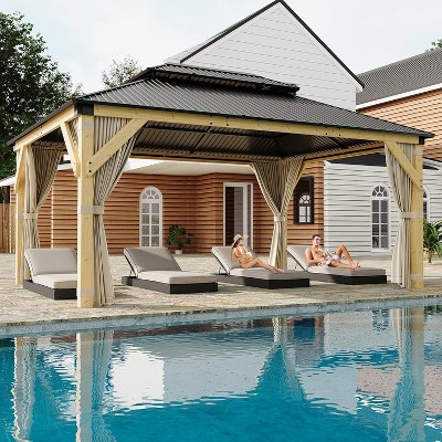 10 x 12 Ft Wood Gazebo with Nettings and Curtains for Backyard, Patio
