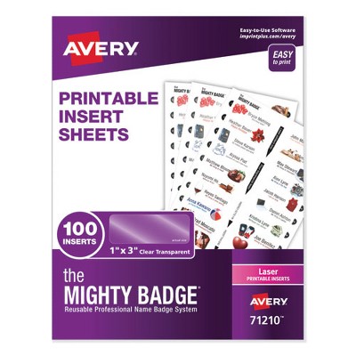 Avery The Mighty Badge Name Badge Inserts, 1 x 3, Clear, Laser, 20/Sheet, 5 Sheets/Pack