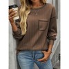 Women's Fall Winter T-Shirts Casual Loose Fit Long Sleeve Solid Blouse Ribbed Knit Round Neck with Front Pocket Tee Tops - 3 of 4