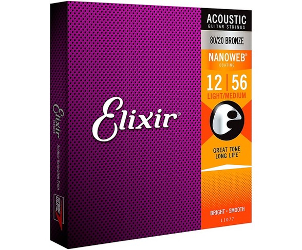 Elixir 80/20 Bronze Acoustic Guitar Strings with NANOWEB Coating, Light/Medium (.012-.056)