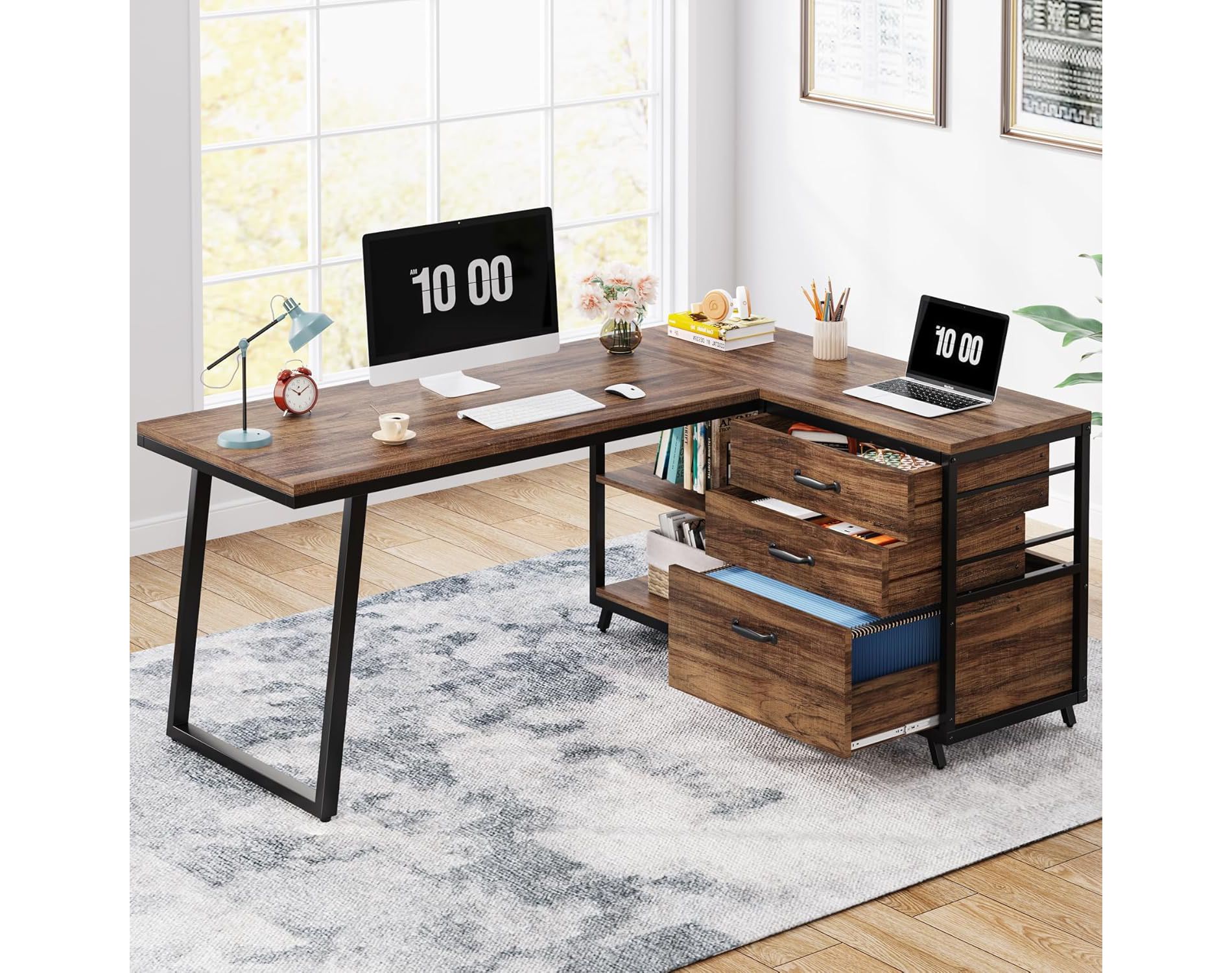 Tribesigns L-Shaped Computer Desk with 3 Drawers, Reversible Corner Home Office Desk with Shelves, 53.15-Inch Study Writing Table, Brown