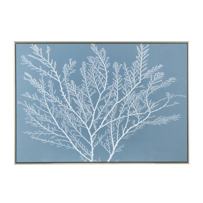 27.5"x39.5" Kailani Canvas Wall Art Blue/White/Gold - A&B Home: Transitional Style, Framed Mixed Media Botanical Artwork
