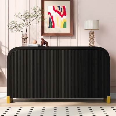 4-Door Curved Corner Design Storage Cabinet, Wavy Door Panel Entryway Cabinet,  Cabinet With Adjustable Shelves, Accent Cabinet-Cuddlewood