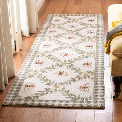 Handmade Ivory and Green Floral Wool Runner Rug