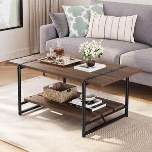 Homhougo 41" Large 2-Tier Gray Wood Coffee Table with Storage Shelf - Farmhouse Modern Rustic Metal Rectangle Center Living Room Coffee Table - 1 of 4
