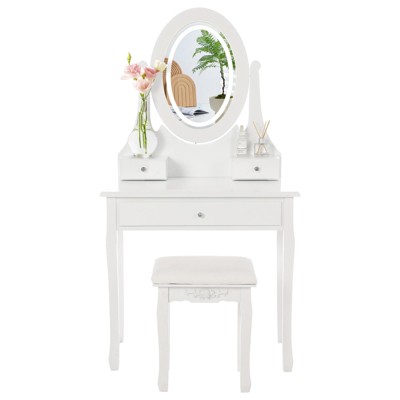 Vanity Table with LED Lighted Oval Mirror,Modern Vanity Desk with Mirror and Lights,Cushioned Stool