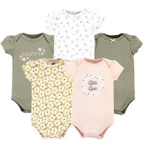 Hudson Baby Infant Girl Cotton Bodysuits, Sage Floral Wreath 5 Pack - 1 of 4