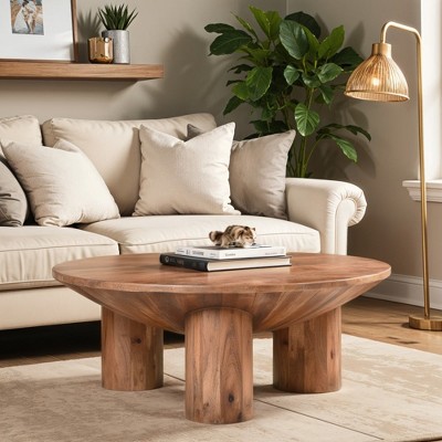 Royal Hampton, Meridian Coffee Table Round Top 3 Column Pillar Legs Natural Brown Mango Wood, 38 Inch