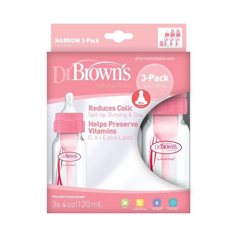 Dr. Brown&#39;s Natural Flow Anti-Colic Baby Bottles - Pink - 4oz/3pk, 3 of 10