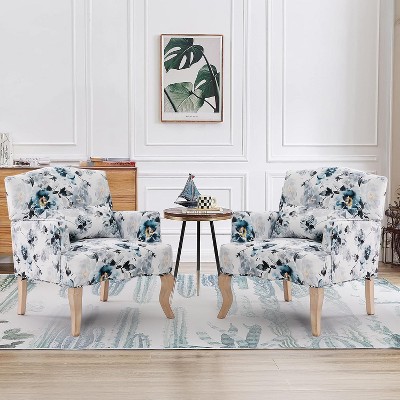 EROMMY High Back Floral Accent Chair for Living Room,Upholstered Wingback Chair w/Pillow, Comfy Armchair w/Wooden Legs
