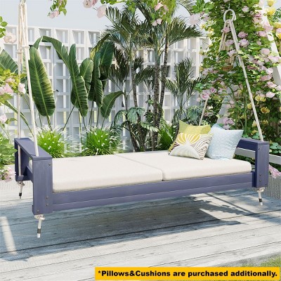 Twin Size Wood Hanging Porch Swing With Ropes,Patio Acacia Wood Swing,Outdoor Furniture - Maison Boucle