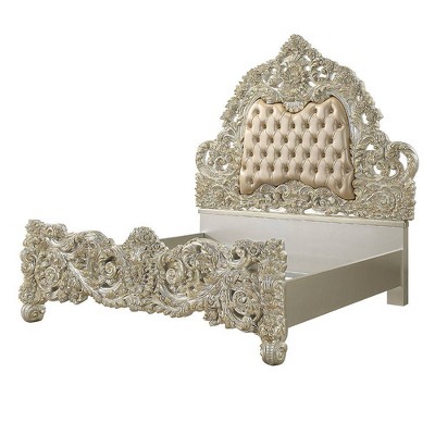 Sorina King Bed with Antique Gold Finish and Tufted Upholstered Headboard
