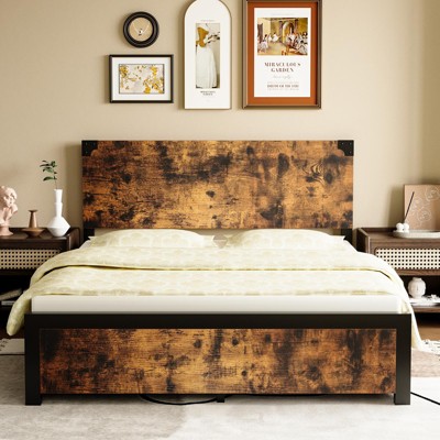 Metal Bed Frame with Storage Drawers – Heavy Duty Platform, Wooden Headboard, No Box Spring Needed