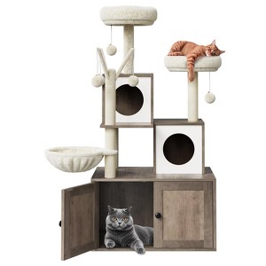 54.3" 2-in-1 Cat Tree & Hidden Litter Box Enclosure - Modern Cat Tower with Perch,  Removable Pompom Toys,Hammock & Scratching Posts (Gray) - 1 of 4