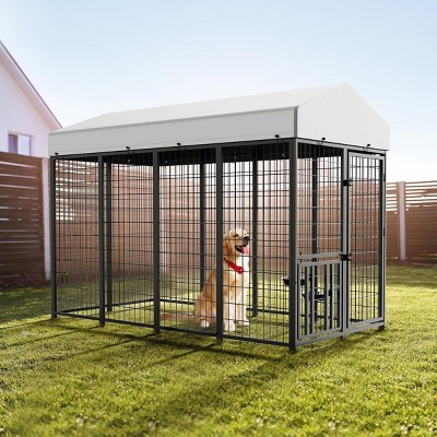 LAOTIES Large Outdoor Dog Kennel,Heavy Duty 8 x 4 x 5.6 FT Pet Run Enclosure with Rotating Feeder Bowls,Removable Waterproof Roof,Metal Fence