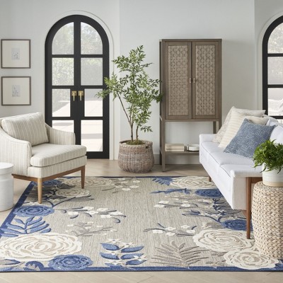 Blue Floral Rectangular 4' x 6' Stain-Resistant Synthetic Rug