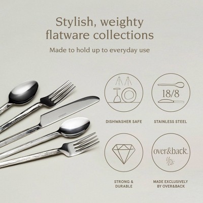 over&back 20pc Stainless Steel Hand-Forged Flatware Set Silver: Modern 18/8 Steel, Matte Finish, Dishwasher-Safe, Service for 4
