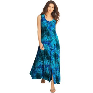 Roaman's Plus Size Sleveless Hand-Crinkled Button-Front A-Line Maxi – Curvy Breezy Dress - 1 of 4