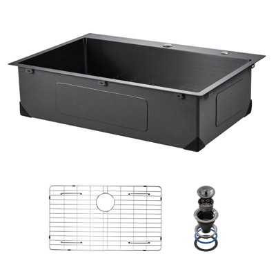 VEVOR 25 inch Kitchen Sink Workstation, 304 Stainless Steel Top Mount Sinks, Drop-In Single Bowl Farmhouse Basin with Accessories,  (Black)