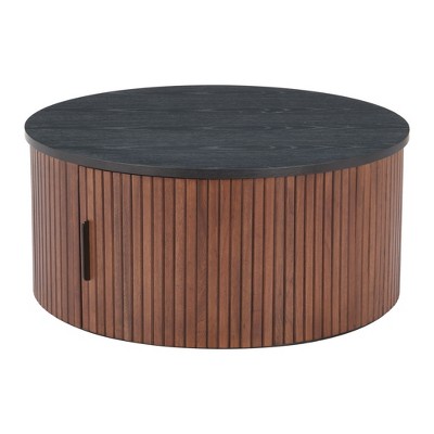 HomeRoots 32" Black and Walnut Wood Round Drum Coffee Table