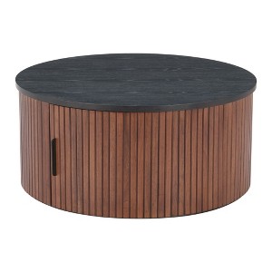 HomeRoots 32" Black and Walnut Wood Round Drum Coffee Table - 1 of 4