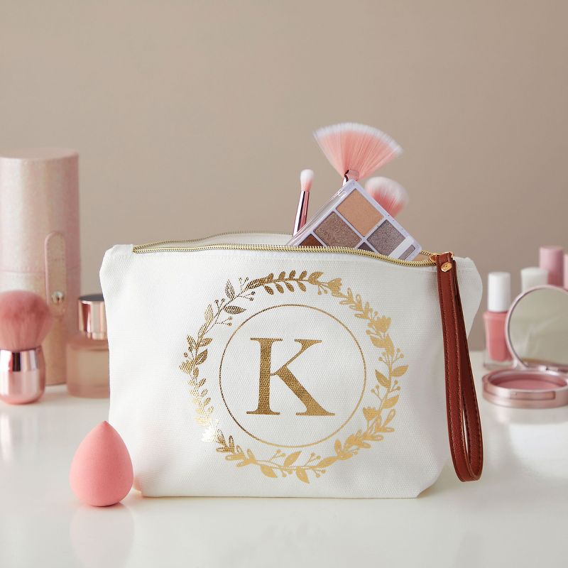 Gold Initial K Personalized Makeup Bag for Women, Monogrammed Canvas Cosmetic Pouch (White, 10 x 3 x 6 In), 2 of 9