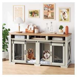 71" Dog Crate Furniture,  Double Kennel TV Stand for 2 Dogs with Divider and Barn Doors, Indoor Dog Cage - 1 of 4