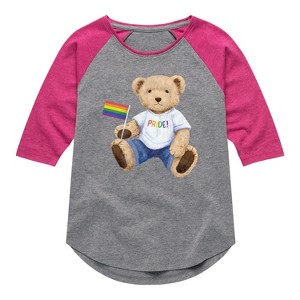 Girls' - Instant Message - Pride Teddy Bear -Toddler Girls Shirt Tail Raglan T-shirt - 1 of 4