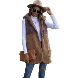 Coolmee Womens Fuzzy Fleece Vest Open Front Fall Fashion Hooded Sleeveless Jacket with Pockets Color Block Outwear - 1 of 4