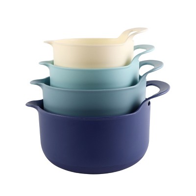 COOK WITH COLOR Nesting Plastic Mixing Bowl Set with Pour Spouts and Handles, Ombre Blue, 4 Piece Non-Slip