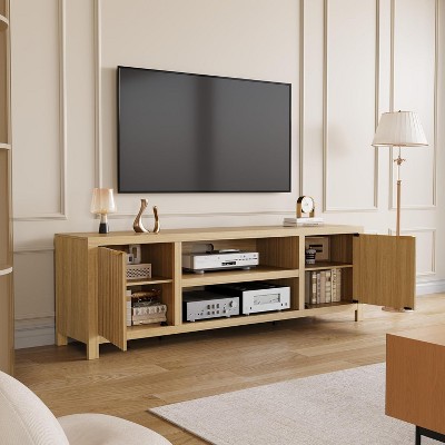 Fluted TV Stand for 80 Inch, Modern Entertainment Center with Storage, Wooden Media Console Cabinet