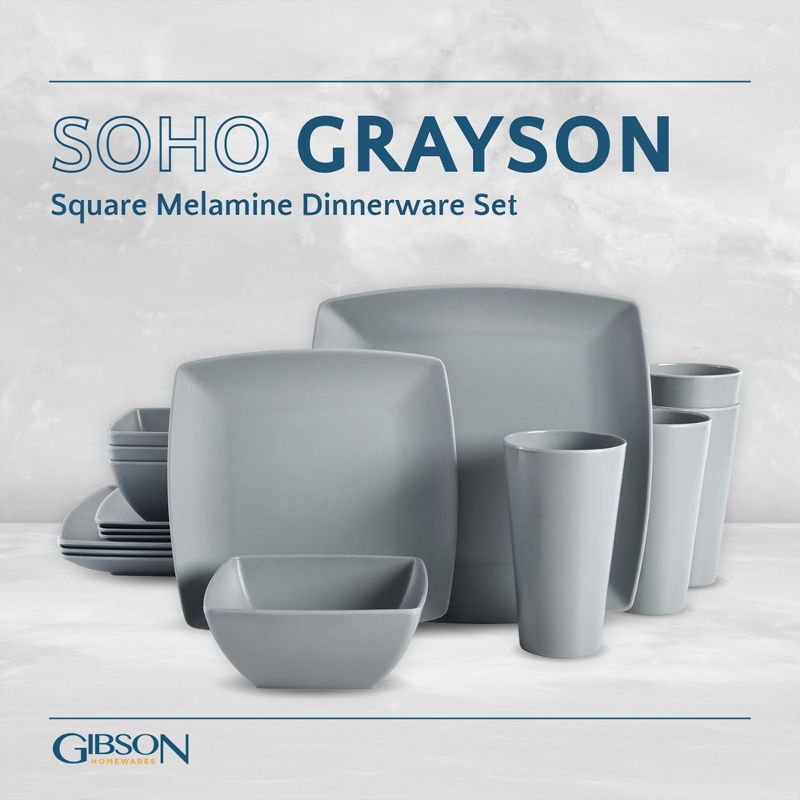 Gibson 99897.16R Home Soho Grayson Square Melamine Everyday 16 Piece Reactive Glaze Dinnerware Set Plates, Bowls, and Cups, Dishwasher Safe, Grey, 2 of 7