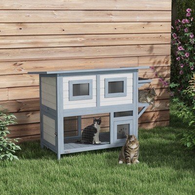 Gray 2-Tier Weatherproof Wooden Outdoor Cat House