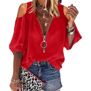 Imily Bela Women's V-neck Lantern Sleeve Shirt with Half-Zip and Off-Shoulder Casual Top - 1 of 4