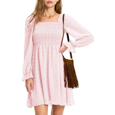 EXLURA Women's 2025 Summer Long Sleeve Party Swiss Dot Dress Smocked Ruffle Cocktail Mini Dresses