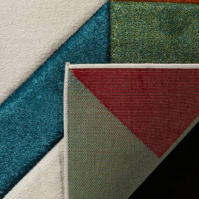 Ivory and Peacock Blue Geometric Mid-Century Modern Square Rug