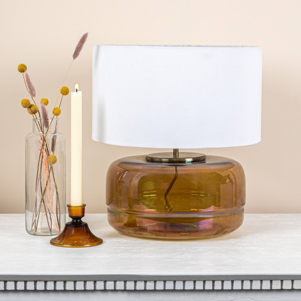 Storied Home Amber Glass Table Lamp with White Cotton Shade: UL Listed, Modern Decor, 40W E26
