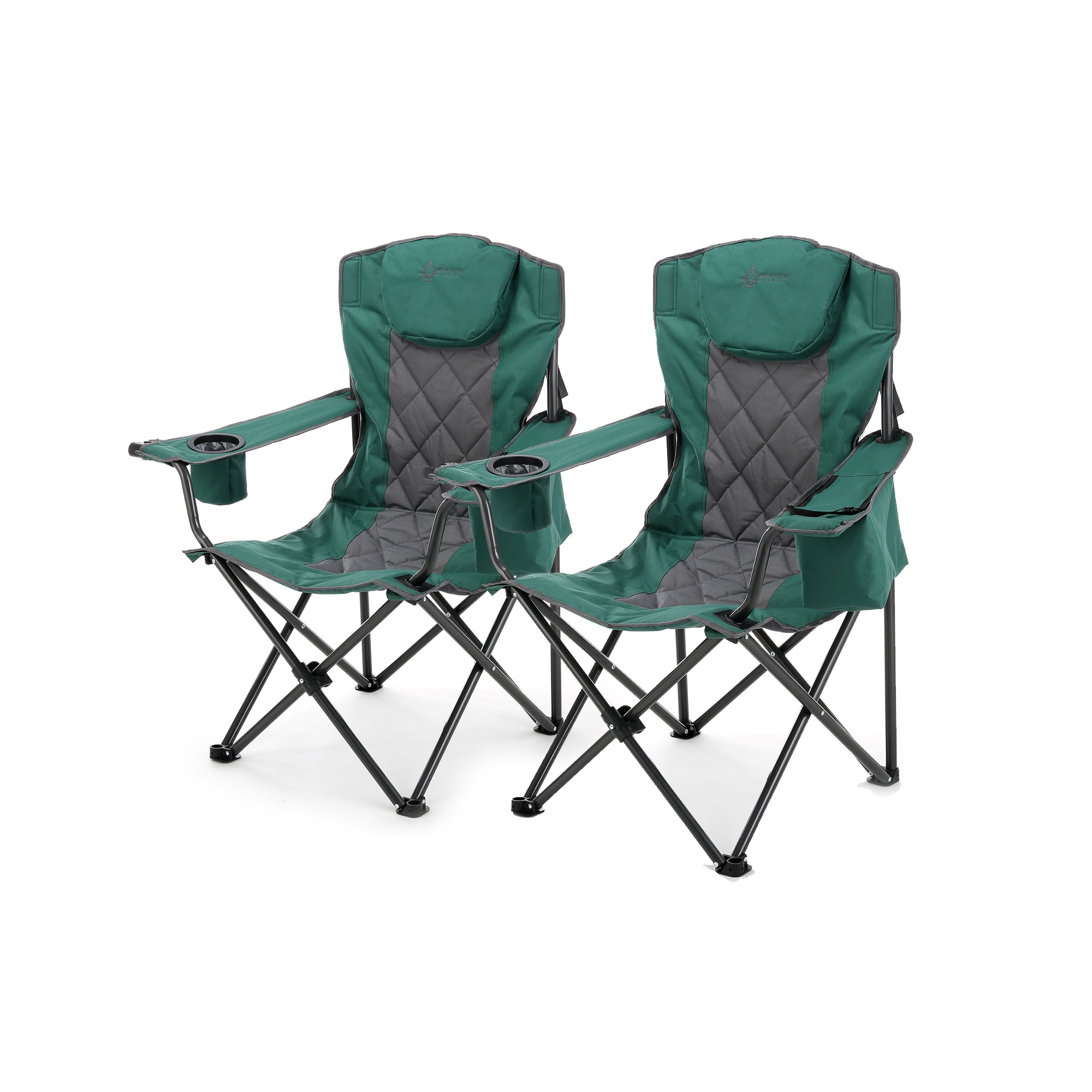 ARROWHEAD OUTDOOR 2-Pack Folding Camp Chair w/ Headrest, Cup & Wine Glass Holder, Armrest 6-can Cooler, Carry Bag, 550 lbs Capacity (Forest Green)