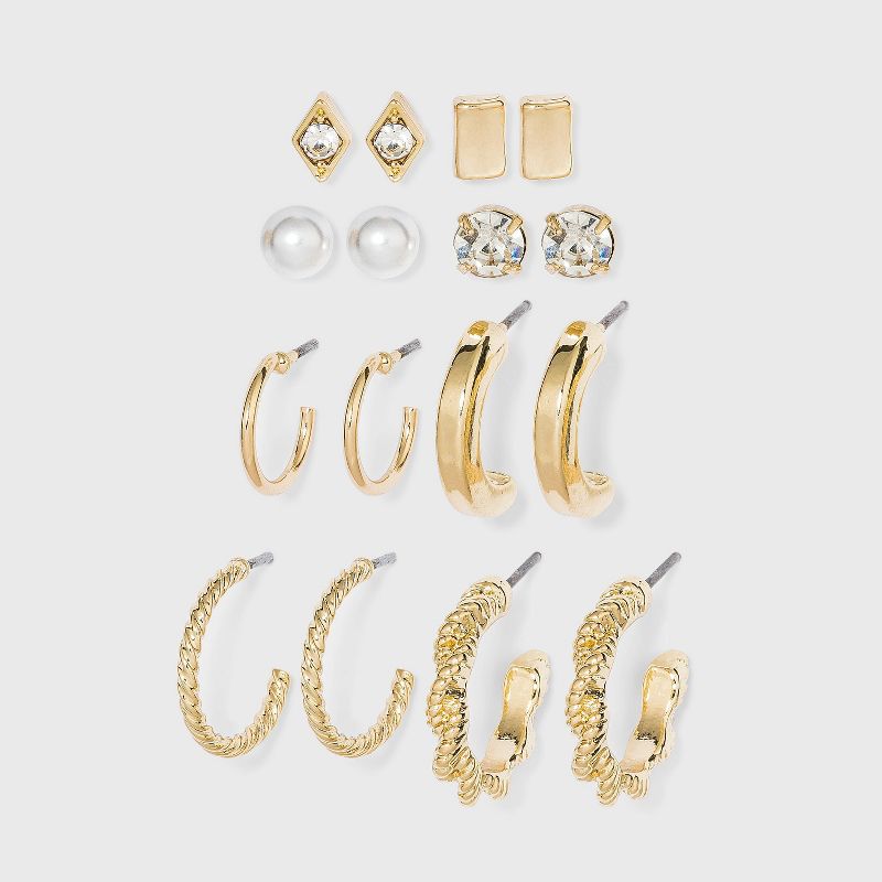 Multi Gold Hoops and Cubic Zirconia Stud Earring Set 8pc - A New Day&#8482;, 1 of 3