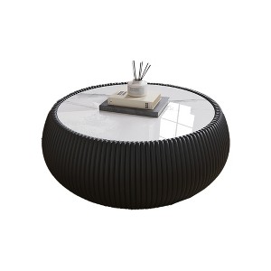 Gulches Light Marble Top Round Drum Shape Leather Indoor Coffee Table 27x27x13 Inch Modern Living Room Sofa Table - 1 of 4