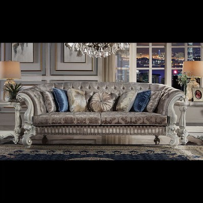 99" Ivory Velvet Tufted Sofa with Rolled Arms and Nailhead Trim