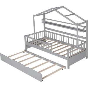 Full Size Trundle Bed Frame with Storage Shelves & Safety Rails, Enclosed Cabin Style Bed for Kids Bedroom, Space Saving - 1 of 4