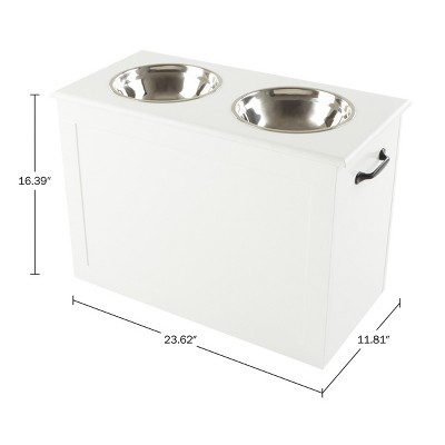 White Elevated Dog Bowls with Hidden Storage and Stainless Steel