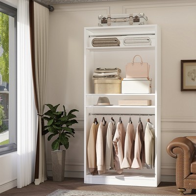 Aheaplus 36" Wooden Closet Organizer and Hangers, Freestanding Wardrobe with Hanging Rails and Adjustable Shelves